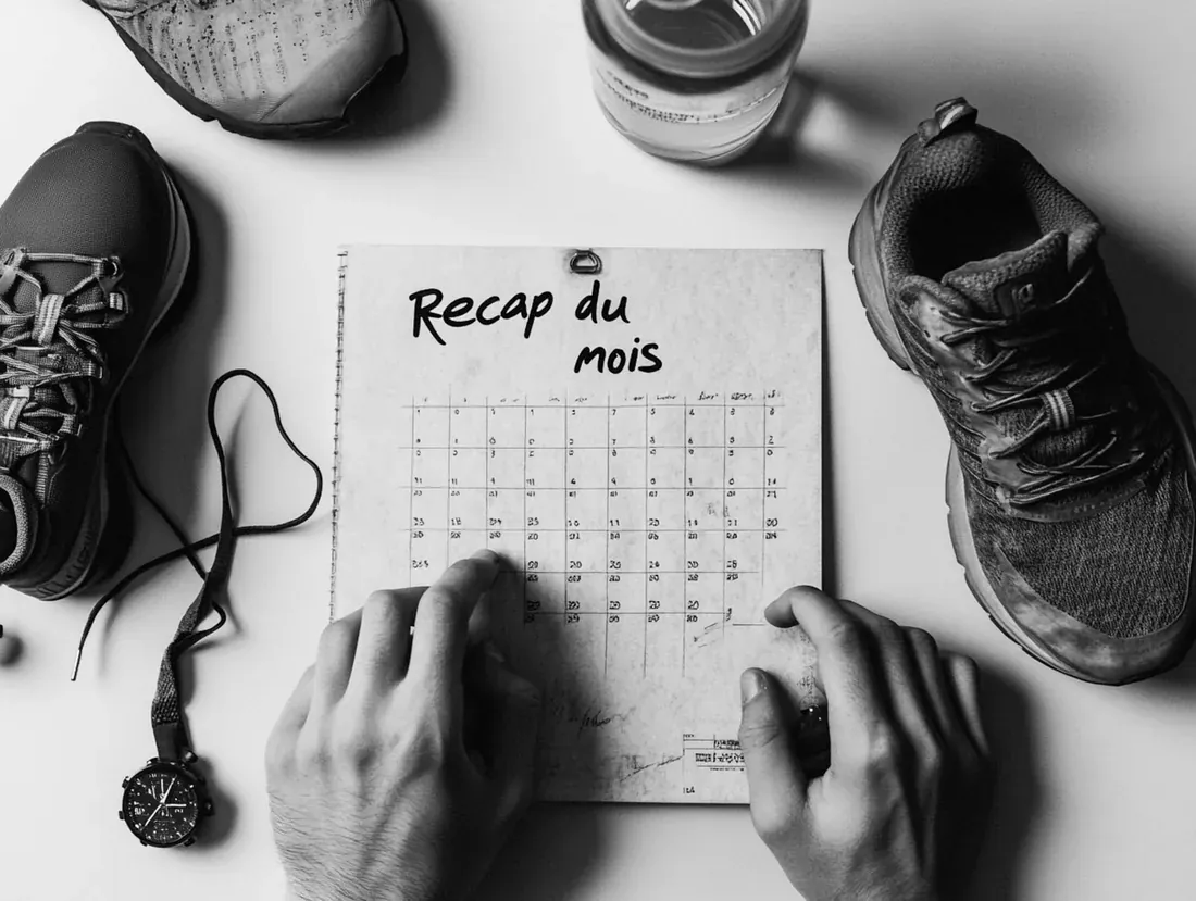 Calendrier d'entraînement avec récap du mois et souliers de course